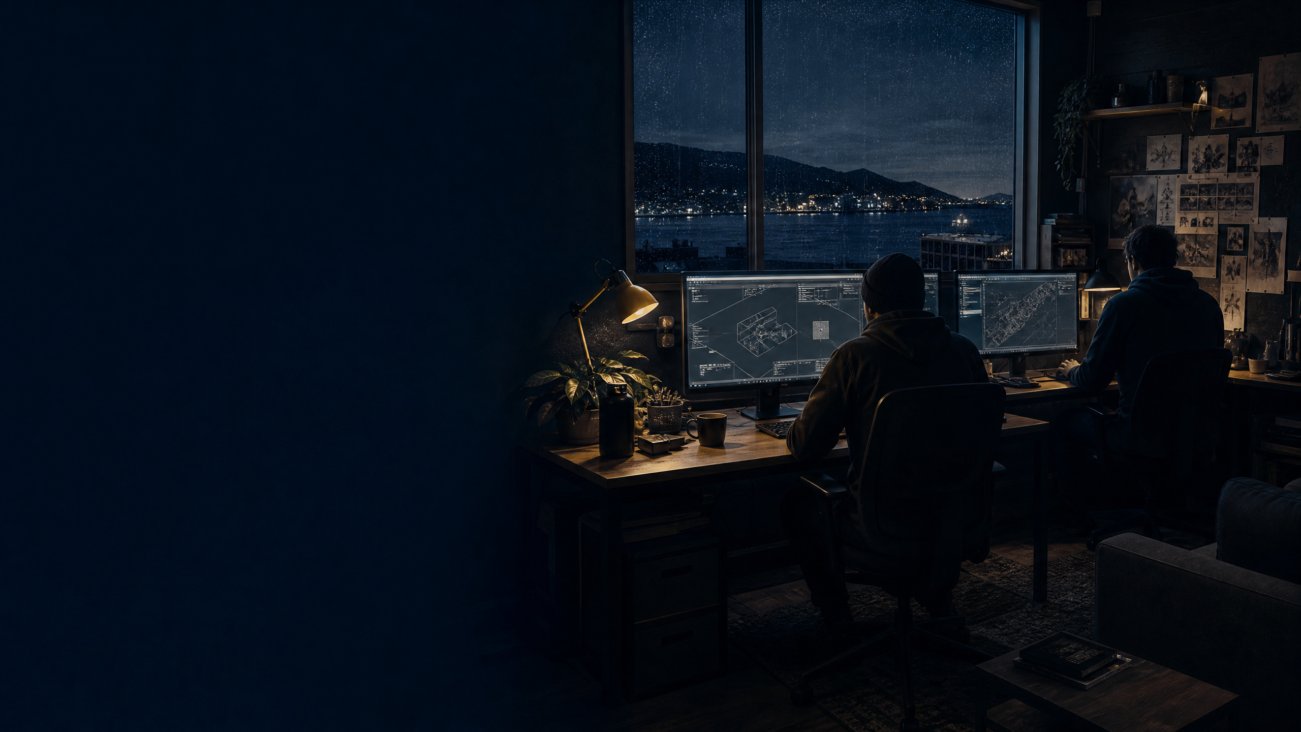 Game studio at night with creative workstations
